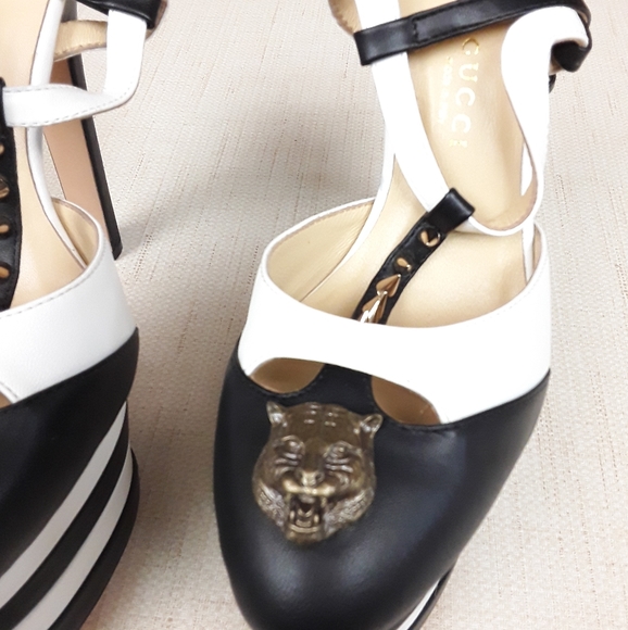 Gucci Lion Spike Black White Striped Heels 42 12 - Picture 6 of 8